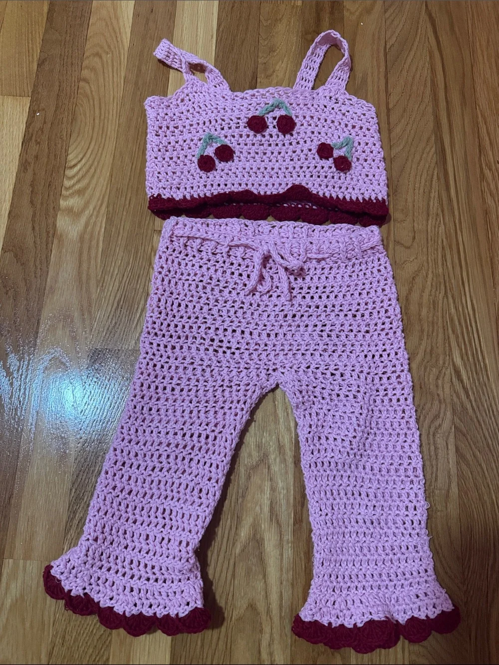 Pink Crochet Cherry Crop Top & Pants Set